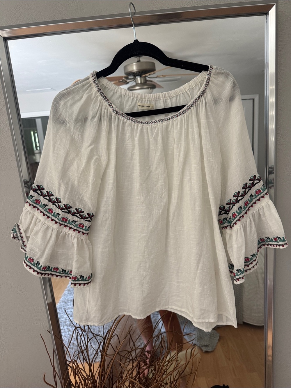 Max Studio Cream Peasant Blouse with Multicolor Embroidery